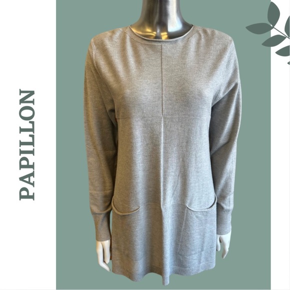 Papillon Grey Tunic Knit Top High Low Front Patch Pockets Size Small / Medium - Picture 3 of 6